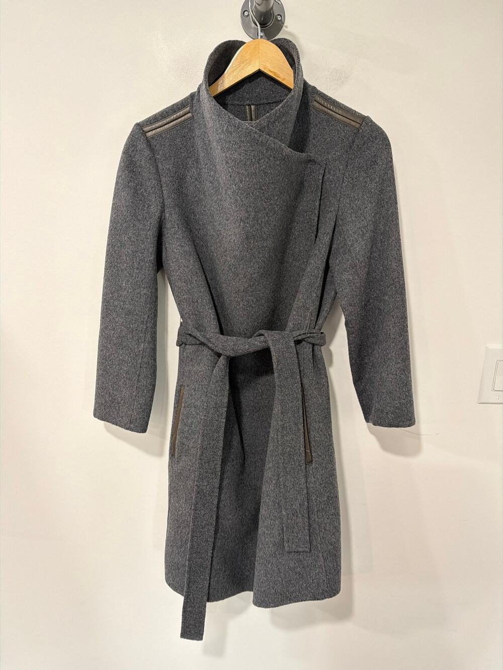 Vince Wool Blend Leather Trim Belted Coat Gray Size XS